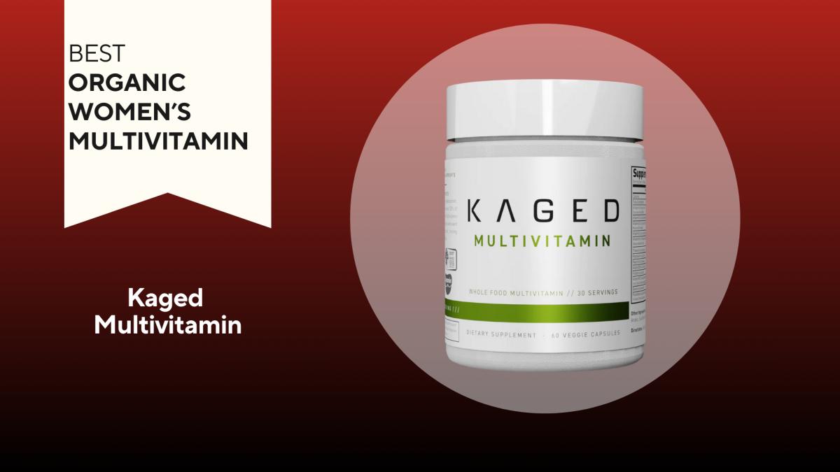 A red background with a banner reading "Best Organic Women's Multivitamin" next to a white and lime green bottle that says Kaged Multivitamin in black and green text